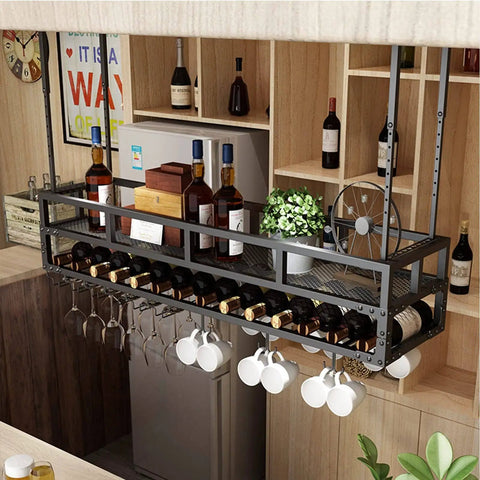 Industrial Ceiling Wine Glass Rack With Holder Shelf And Bottle Storage Adjustable Metal Suspension Rack for kitchen bar garage