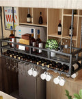 Ceiling Mounted Wine Rack Suspension System With Glass Holder And Bottle Rack, Space Saver Overhead Storage For Kitchen Or Garage, Adjustable Height 30-60cm, Wall Mount Shelf For Wine Glasses, Bottles, And Small Plants in a kitchen setting.