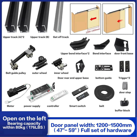 Motorized Flush Hidden Sliding Barn Door Hardware Kit For 47.2 To 59 Inch Doors, Aluminum Track, components and accessories shown