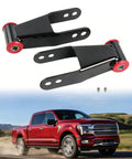 Beefed Up 2 Inch Rear Lowering Shackle For Silverado And Sierra 1999-2019 1500 And 1988-1999 C1500 C2500 K1500 K2500 Suburban Direct Replacement 410520 Durable Leaf Spring Lowering Shackles With 1 To 2 Inch Drop in black with red bushings displayed over a red truck in motion.
