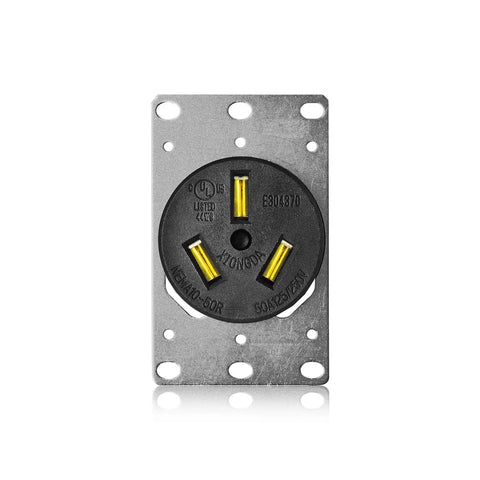 Built Like A Tank UL Listed NEMA 10 50R Receptacle 50 Amp 125 250V Heavy Duty Female Plug close-up view with metal back plate.