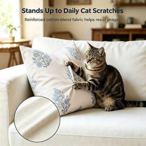 Decorative Floral Pillow Covers 18x18 Inch Set Of 2 For Couch Brown Neutral 2 Pack Cover Only For Sofa Or Chair Decor With Easy Care Fabric And Durable Sewn Edges For Cozy Home Vibe, cat on floral cover