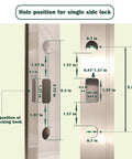 Full Replacement Sliding Door Handle Set For Five And Five Eighths Inch Hole Spacing With Mortise Lock And Key Front And Back Side Black Finish Durable Zinc Alloy Cylinder And Aluminum Handle Easy Installation with diagram showing hole positions for lock installation