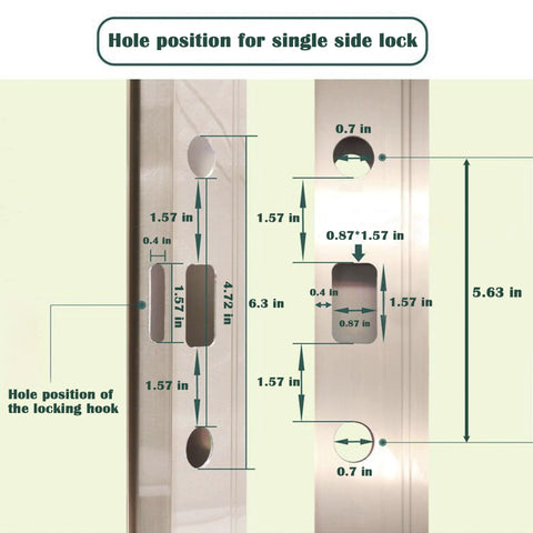 Full Replacement Sliding Door Handle Set For Five And Five Eighths Inch Hole Spacing With Mortise Lock And Key Front And Back Side Black Finish Durable Zinc Alloy Cylinder And Aluminum Handle Easy Installation with diagram showing hole positions for lock installation