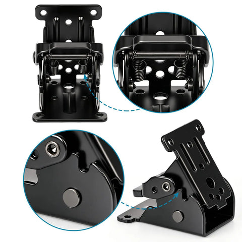 Heavy Duty Folding Brackets 4 Pack With Self Locking Hinges And Stainless Steel Screws For Table Legs Bed Frames And Shop Tables Space Saving Black Hardware Zero Sweat Setup detailed view showing hinges and fasteners.