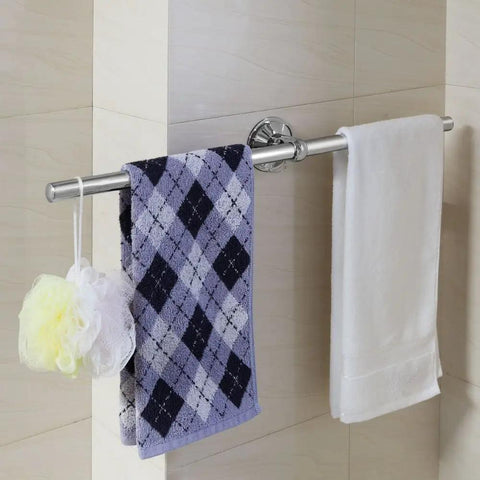 Insta Mount 24 Inch Towel Bar No Tools No Drilling Mounts Anywhere holding towels in a bathroom