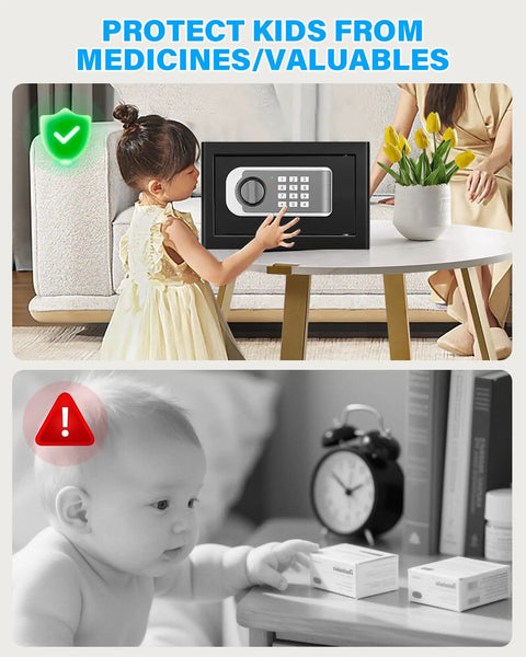 Child with Compact Home Safe Box 0.30 Cu Ft Mini Safe With Digital Keypad, Fireproof Waterproof Bag; secure valuables from kids