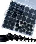 125 Pieces Black Rubber Round Hole Plugs Set In Eight Sizes Silicone Plugs For Round Holes For Furniture Office Kitchen Automotive One Inch Three Quarter Inch Five Eighths Inch One Half Inch Three Eighths Inch Five Sixteenths Inch One Quarter Inch One displayed in a compartmentalized box.
