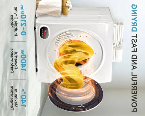 All In One Electric Washer Dryer Combo Smooth Operator Featuring Thick Stainless Drum Effortless Wash To Dry Cycling Stable Action Compact Fit For Everyday Laundry Grind, showing drying process with yellow fabric.