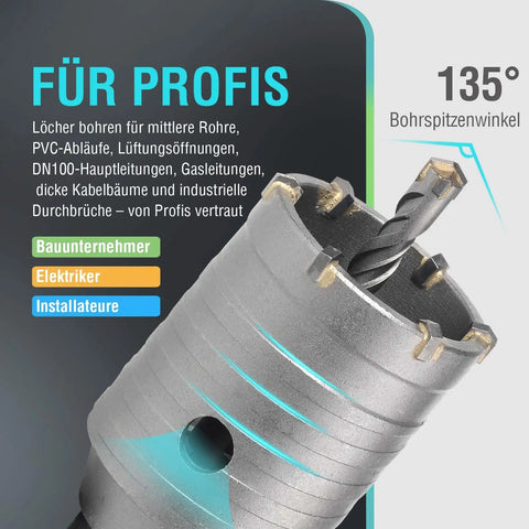 Heavy Duty Concrete Hole Saw Kit With Tungsten Carbide Core Bits And SDS-Plus SDS-Max Shanks For Dry Drilling, close-up view
