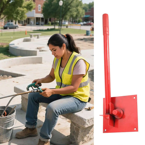 Woman using Tubing Bending Hand Tool With Straight Jaw Pliers For Ductwork And Building Projects outdoors.