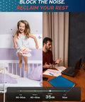 Child jumping on bed illustrating sound levels 80-90dB next to man at desk showing sound level 35dB.