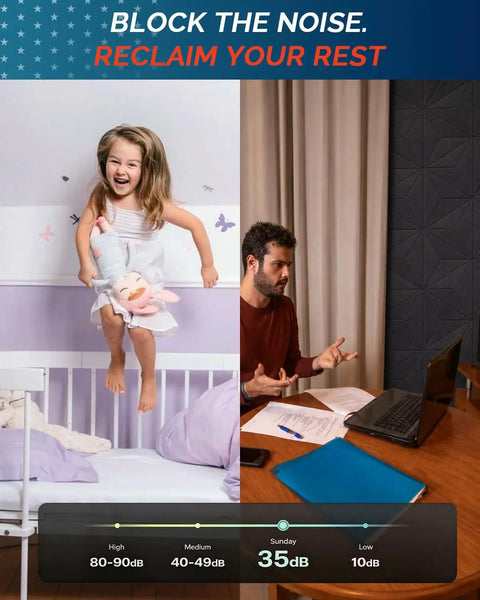 Child jumping on bed illustrating sound levels 80-90dB next to man at desk showing sound level 35dB.