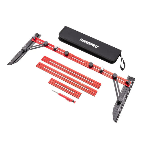 Pro Grade Built Tough Stair Tread Template Tool And Gauge Set for Stairs and Risers, red CNC anodized jig with carry case.