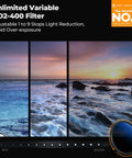 52mm Variable ND Filter For Cameras With 1 To 9 Stops Light Reduction Ultra Slim Profile 18 Layer Coatings To Cut Glare ocean view