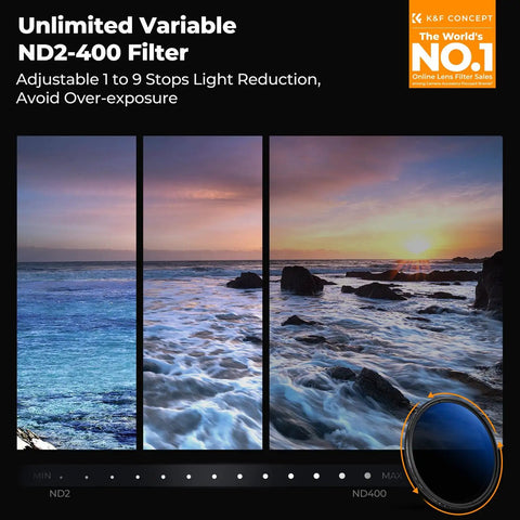 52mm Variable ND Filter For Cameras With 1 To 9 Stops Light Reduction Ultra Slim Profile 18 Layer Coatings To Cut Glare ocean view