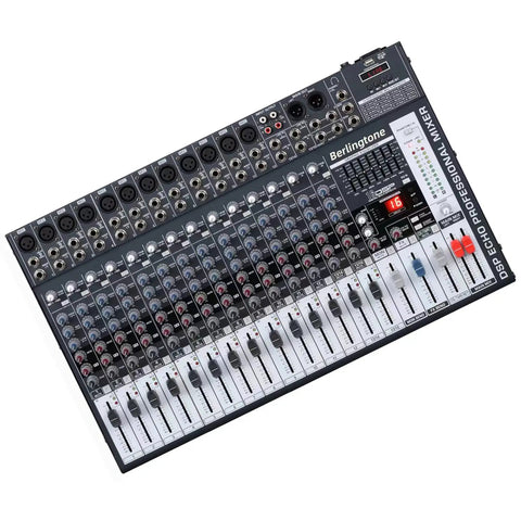 Top view of a 16 Channel Pro Bluetooth Studio Mixer For DJ Setup And Live Sound, USB MP3 Player, 14 Mic Inputs, 7 Band EQ, 16 Bit Digital FX