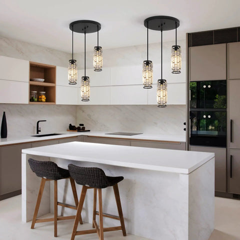 Three Light Crystal Pendant Lights Black For Kitchen Island Hanging Light Fixtures in modern kitchen setting