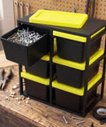 6 Piece Stackable Mini Storage Bins With Bright Yellow Lids And Sturdy Black Rack Compact Plastic Containers organized with screws visible.