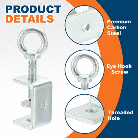 Heavy Duty Carbon Steel C Clamp 45mm Tiger U Clip With Eye Hook Screw for Woodworking Welding and Mounting, Durable Galvanized Finish, All Purpose DIY Pro Grip for Projects. Eye hook screw and threaded hole detail