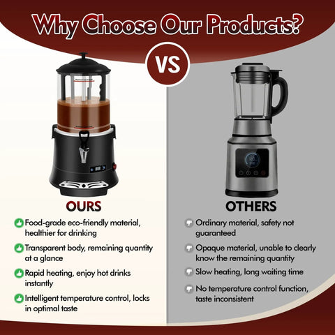 Comparison of Pro Grade Commercial Hot Chocolate Machine And Beverage Warmer 10L Stainless Steel Dispenser With Precise Temperature Control 86 F To 194 F and standard blender.