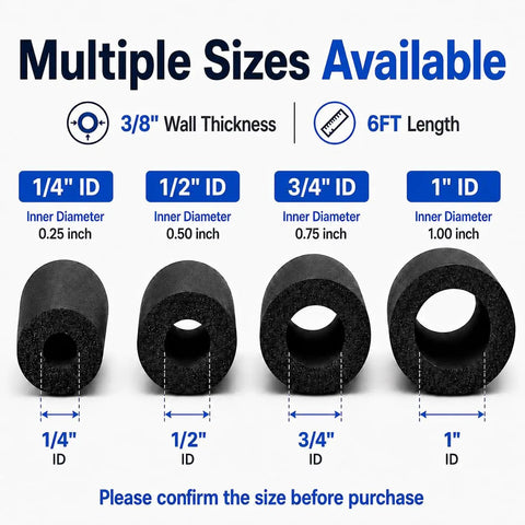 Hella Tough Three Quarter Inch Inner Diameter Foam Pipe Insulation Sleeve For Air Conditioning Hvac Lines shown with size options.
