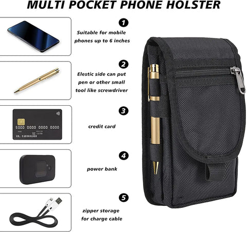 Rugged Phone Holster Belt Pouch For Large Smartphones, MOLLE Carry Case With Belt Clip, fits tools and accessories shown.