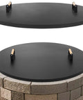 Round 38 Inch Fire Pit Lid Cover With Wooden Handles For Patio Fire Pits Heavy Duty Rust Resistant 1.5mm Metal Lid All Season Protection Outdoor Fire Pit Accessory shown on stone pit