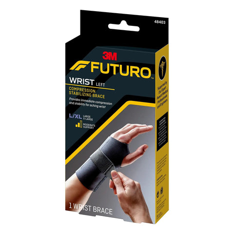 Packaging of Left Hand Compression Wrist Brace With Three Adjustable Straps For A Custom Fit And Moderate Support Lets Your Fingers Move Naturally Easy To Use Black Size L/XL.
