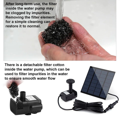 Separate Solar Panel Fountain Kit With 1.8W Upgraded Pump, 3M Cable, And 4 Nozzles For Bird Bath, showing filter cleaning