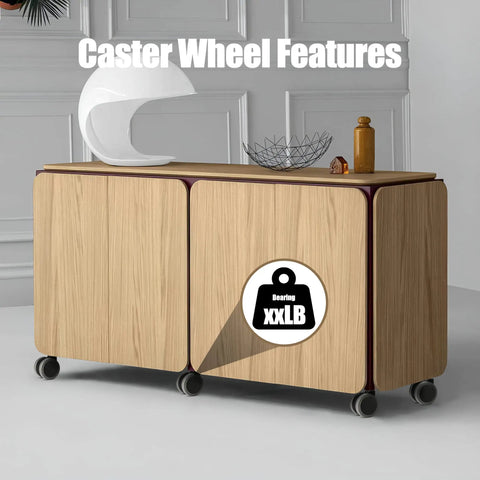 Easy Peasy Peel And Stick Caster Wheels For Trash Cans And Storage Bins With Smooth As Butter Rolling Action And Lightning Fast Setup No Messy Drilling Needed Lightweight One Point Five Inch Swivel Casters In A Solid Four Pack on a stylish wooden cabinet.
