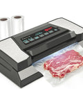 Pro Grade Vacuum Sealer Machine with Cutter and Jar Attachment for Home Kitchen sealing meat with plastic rolls nearby