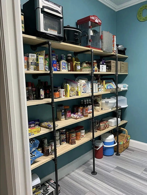 5-Tier Pipe Shelf System For Wall Mount DIY Open Bookshelf With Hanging Brackets Built Tough For Kitchen Office Or Garage 68 Inches Tall Customizable Width Up To 60 Inches Wood Planks Not Included used as kitchen storage.