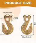 Product size chart of Eight Piece Three Eighths Inch Clevis Grab Hooks Set G70 Heavy Duty Forged Steel Trailer Safety Chain Hooks.