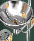 Close-up of stainless steel dual-nozzle emergency eyewash station with filtration features, part of the shower kit for real-world safety.