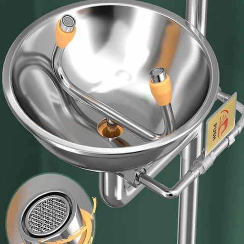 Close-up of stainless steel dual-nozzle emergency eyewash station with filtration features, part of the shower kit for real-world safety.
