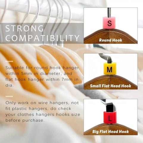 820 Piece Hanger Size Markers Set With Storage Box, 9 Common Sizes From XXS To 4XL shown on hooks with compatibility info
