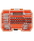 Black+Decker 42-piece screwdriver bit set in orange transparent case.
