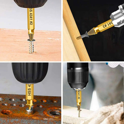 Five-Piece Double-Ended Screw Extractor And Drill Bit Set, 2mm To 14mm, Gold Titanium Coated in use on various materials