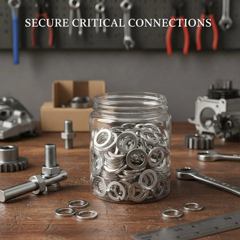 Jar of M3.5 Spring Lock Washers 304 Stainless Steel Split Ring Fasteners for machinery and automotive repair on workbench