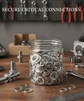 Glass jar filled with M3.5 Spring Lock Washers 304 Stainless Steel Split Ring Fasteners for Machinery and Automotive Repair 1000 Pack