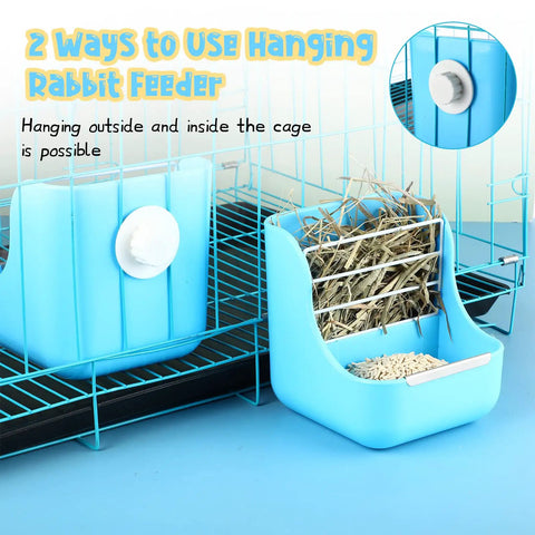 Top Shelf 4 Pack Hanging Hay Feeder For Domestic Rabbits Guinea Pigs And Chinchillas Zero Mess Cage Manger with hay and pellets.
