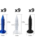 Nine blue, nine white, and nine black flat head screws, 1.77in long, part of 75 Piece 1/4 Inch Concrete Screw Anchor Kit With Blue Black White Flat Head Screws For Masonry Block Brick And Stucco Includes Seven 1-1/4 Inch Color Screws And Nine 1-3/4 Inch Color Screws In Blue Black White.