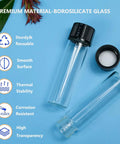 Premium 8ML Clear Borosilicate Glass Vials With Tight Screw Caps Totally Leakproof Lab Grade Storage Bottles For Beauty And Science Work Solid 20 Pack, showcasing two clear vials with black caps and labels.