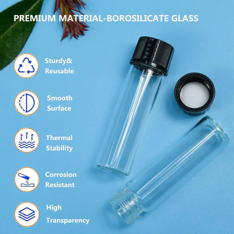 Premium 8ML Clear Borosilicate Glass Vials With Tight Screw Caps Totally Leakproof Lab Grade Storage Bottles For Beauty And Science Work Solid 20 Pack, showcasing two clear vials with black caps and labels.