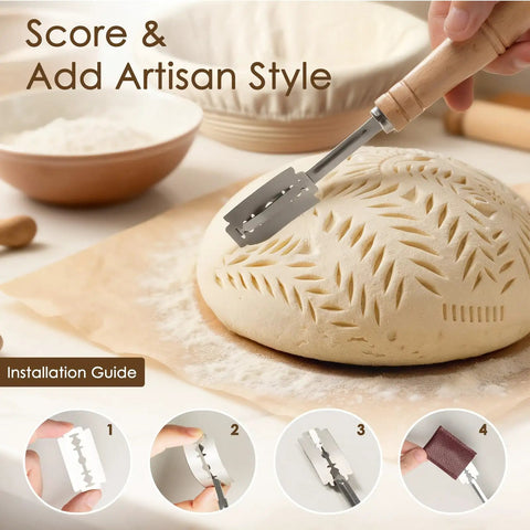 Scoring sourdough loaf with Beginner Friendly Sourdough Starter Kit With Round And Oval Banneton Baskets, 13 Piece Bread Making Tools Set