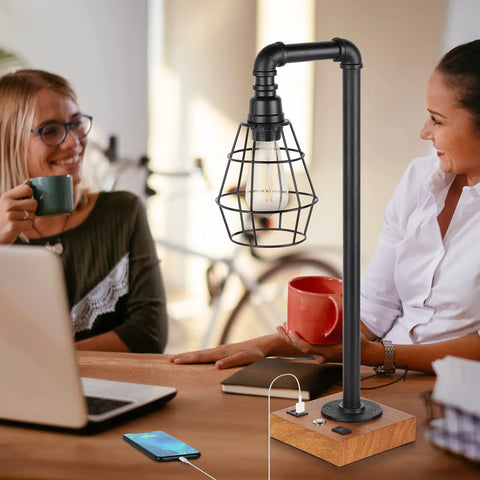 Industrial Desk Lamp With Bulb Included, 3-Way Dimmable, USB ports, Edison design on a wooden base, used on a desk in a study.