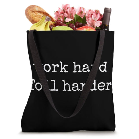 Work Hard Foil Harder Wing Foil Wingsurfing Tote Bag For Wingboard Gear with groceries, black fabric, 16x16 size