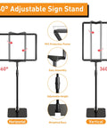 360° adjustable sign holder stand for 8.5x11 signs tabletop and floor display, featuring rotating frames and adjustable height