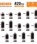 Must Have Black Nylon Spacers Kit With 820 Pieces And 14 Size Assortment showing various spacer sizes with dimensions.